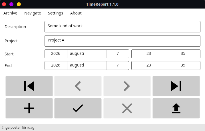 TimeReport window with description, project, start and end time fields above a grid of large navigation and action buttons