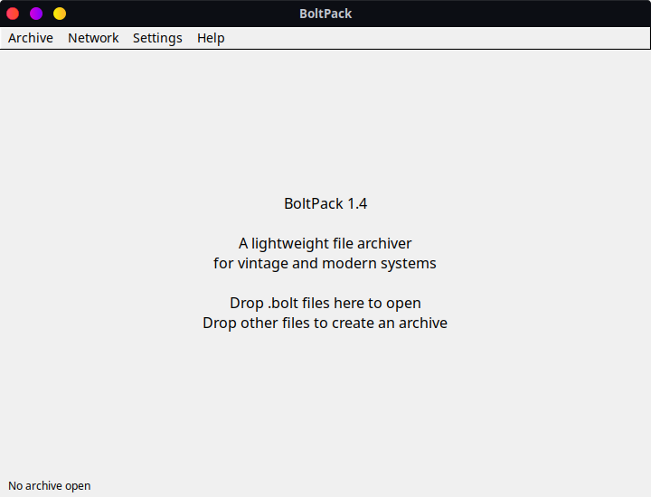 BoltPack's FLTK desktop window with Archive, Network, Settings and Help menus and a drop area for .bolt files