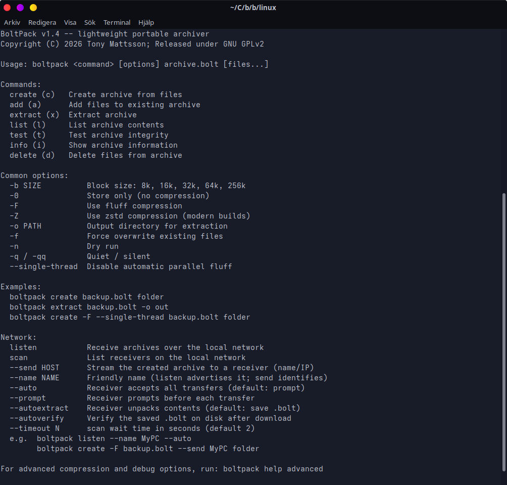 BoltPack command line help output listing create, add, extract, list, test, info and delete commands plus network transfer options