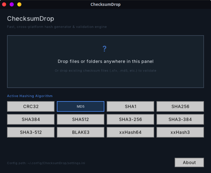ChecksumDrop window with a large drop panel and a grid of twelve selectable hashing algorithms