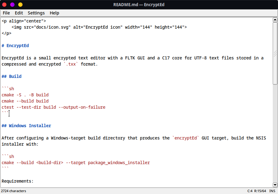 EncryptEd desktop editor showing a syntax-highlighted Markdown document with File, Edit, Settings and Help menus