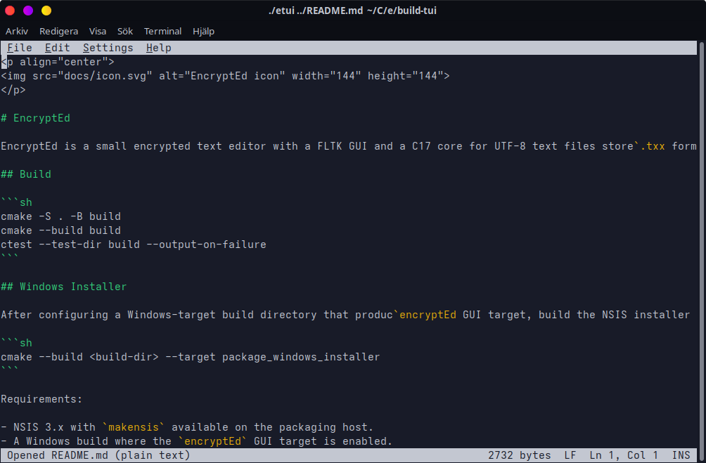 The etui terminal build of EncryptEd editing a Markdown file inside a terminal window
