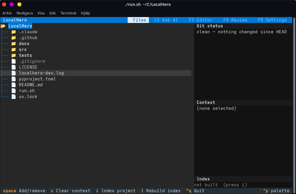 LocalHero terminal interface showing a file tree with git status, F1–F9 screen tabs, and a context panel